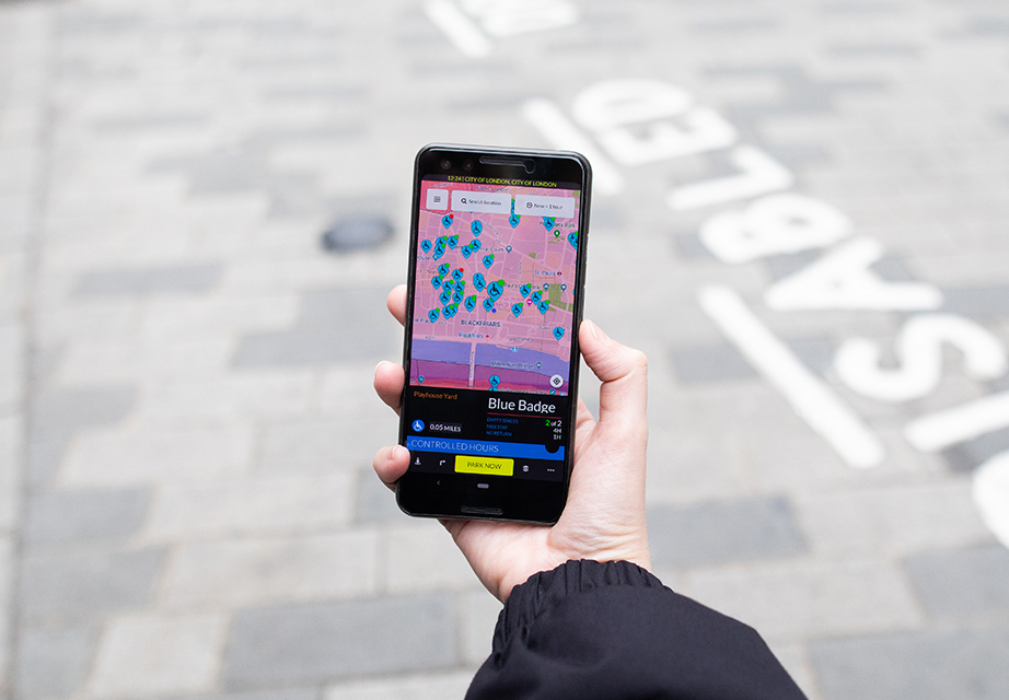AppyParking app on a mobile phone showing Blue Badge disabled parking availability