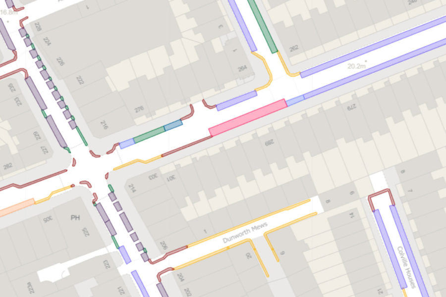 Kerbside management map, showing different types of parking pays and traffic restrictions